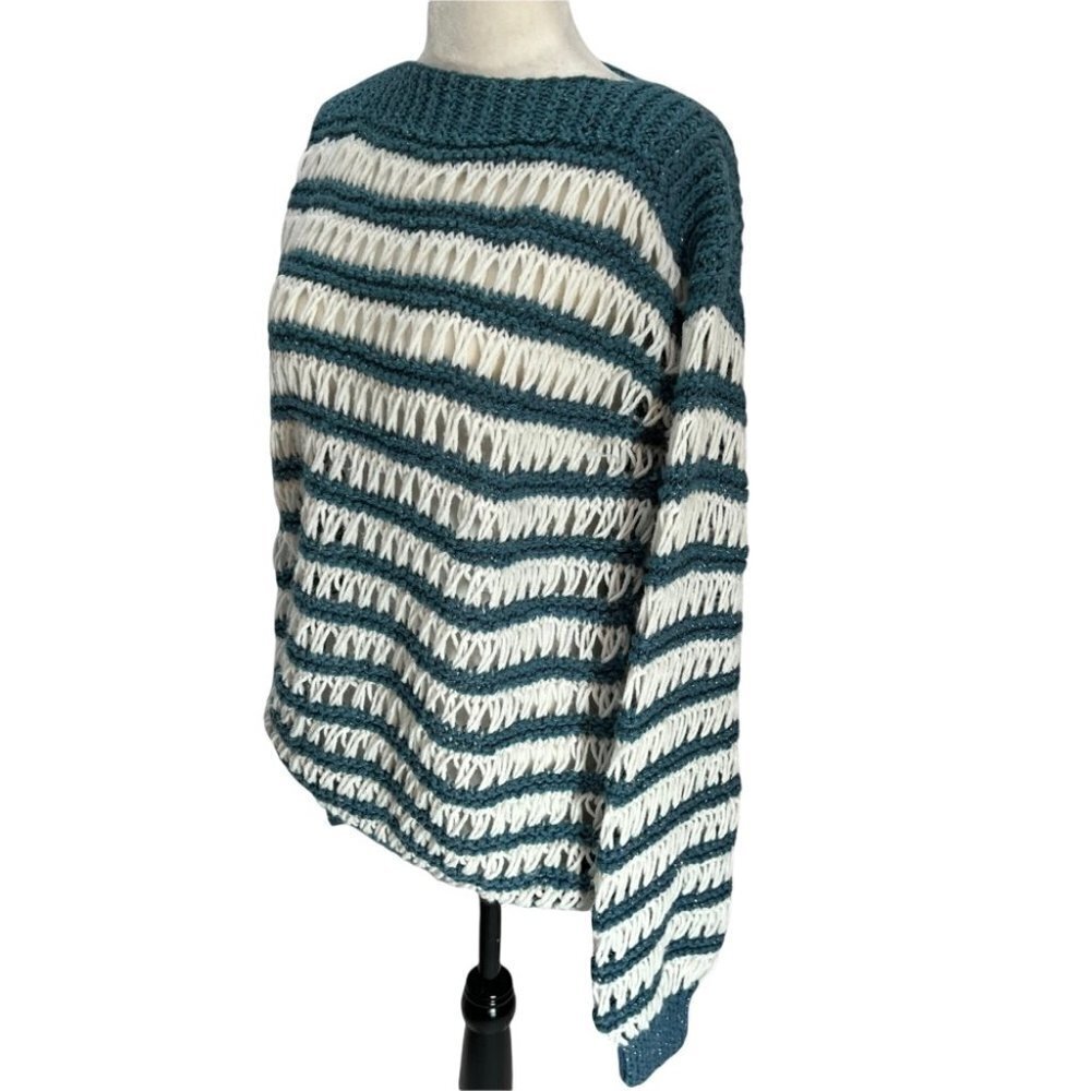 Unique! Vintage Hand Knit Open Weave Sweater White/Teal Size M/L - Picture 4 of 10